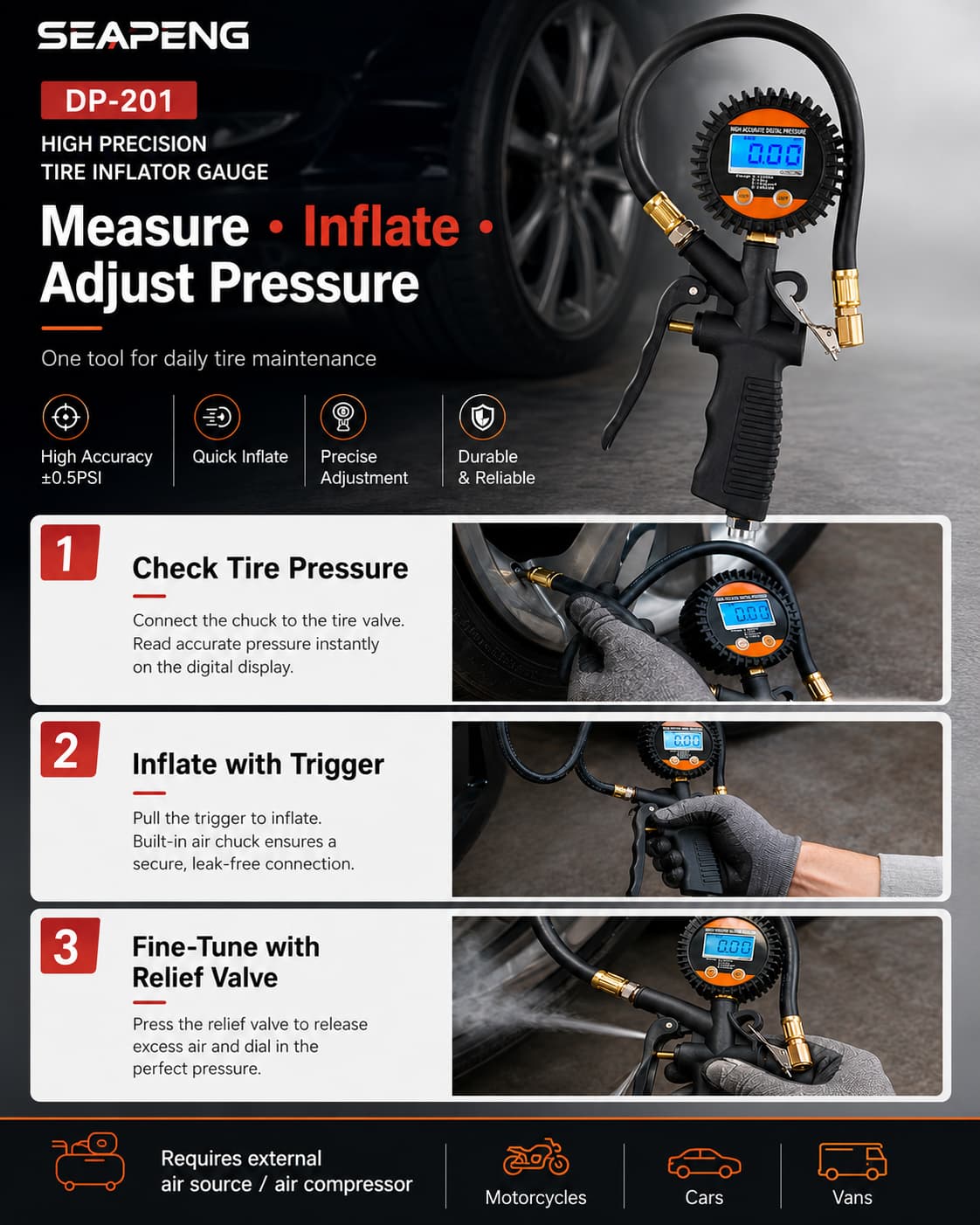 SEAPENG DP-201 Digital Tire Pressure Gauge, 5-100 PSI - Image 13