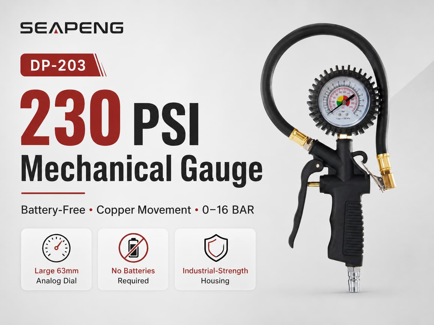 SEAPENG DP-203 Analog Tire Pressure Gauge for Cars, SUVs, Trucks & RVs - Image 3