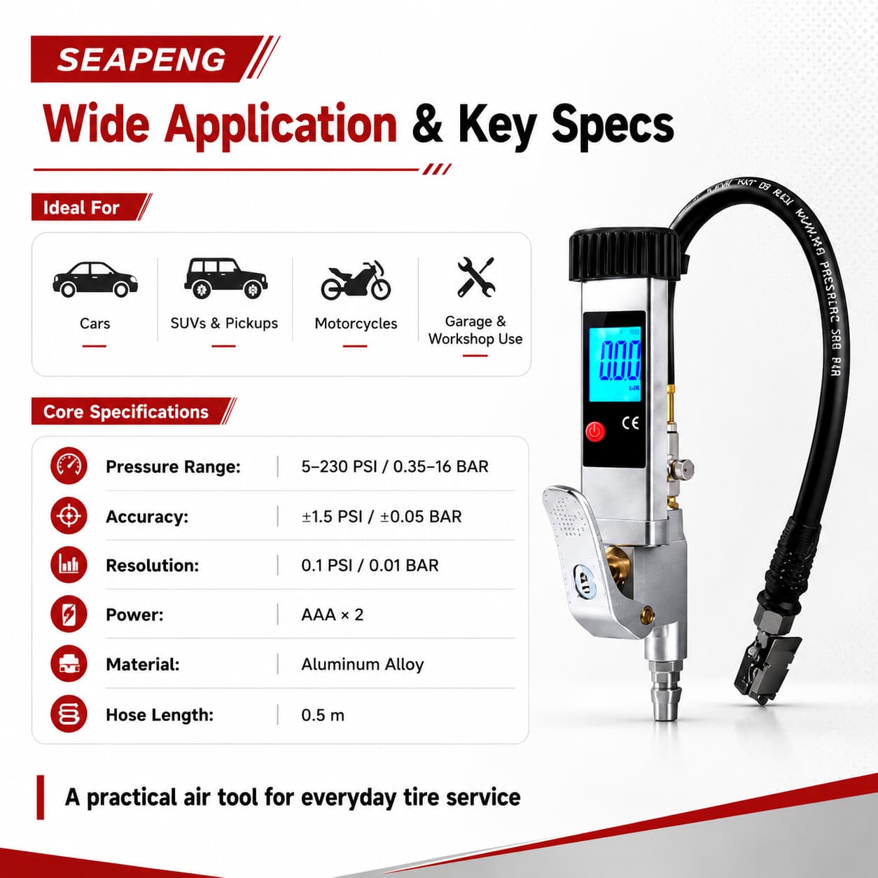 SEAPENG DP-708E Digital Tire Pressure Gauge, 5-230 PSI - Image 7